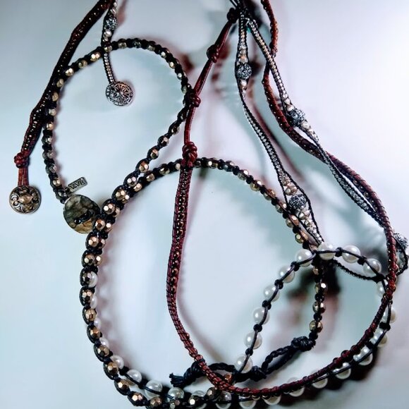 SET of 3 -- trio of wrap bracelets adjustable  copper-brown + pearl + silver - Picture 1 of 16